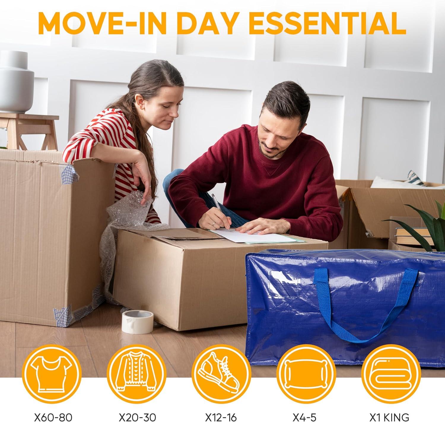 imageHealSmart 6 Pack Large Moving Bags with Zippers ampamp Handles Moving Supplies with lids Heavy Duty Totes for Space Saving Fold Flat Moving and Storing ClearBlue