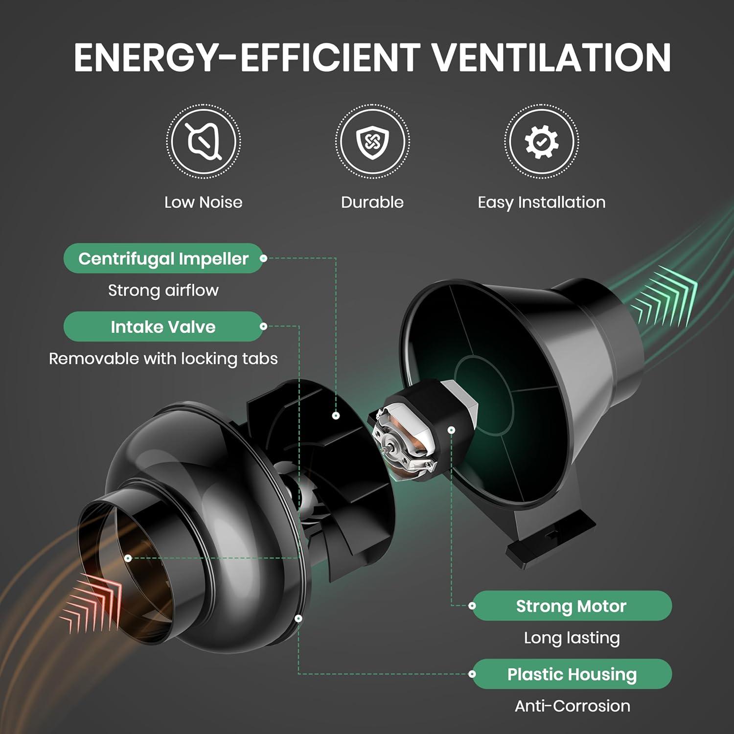 imageHealSmart 4 Inch Inline Duct Fan 195 CFM Ventilation Fan Exhaust HVAC Vent Blower for Hydroponics Grow Tents Basements Attics 2 Packs Black1 Pack