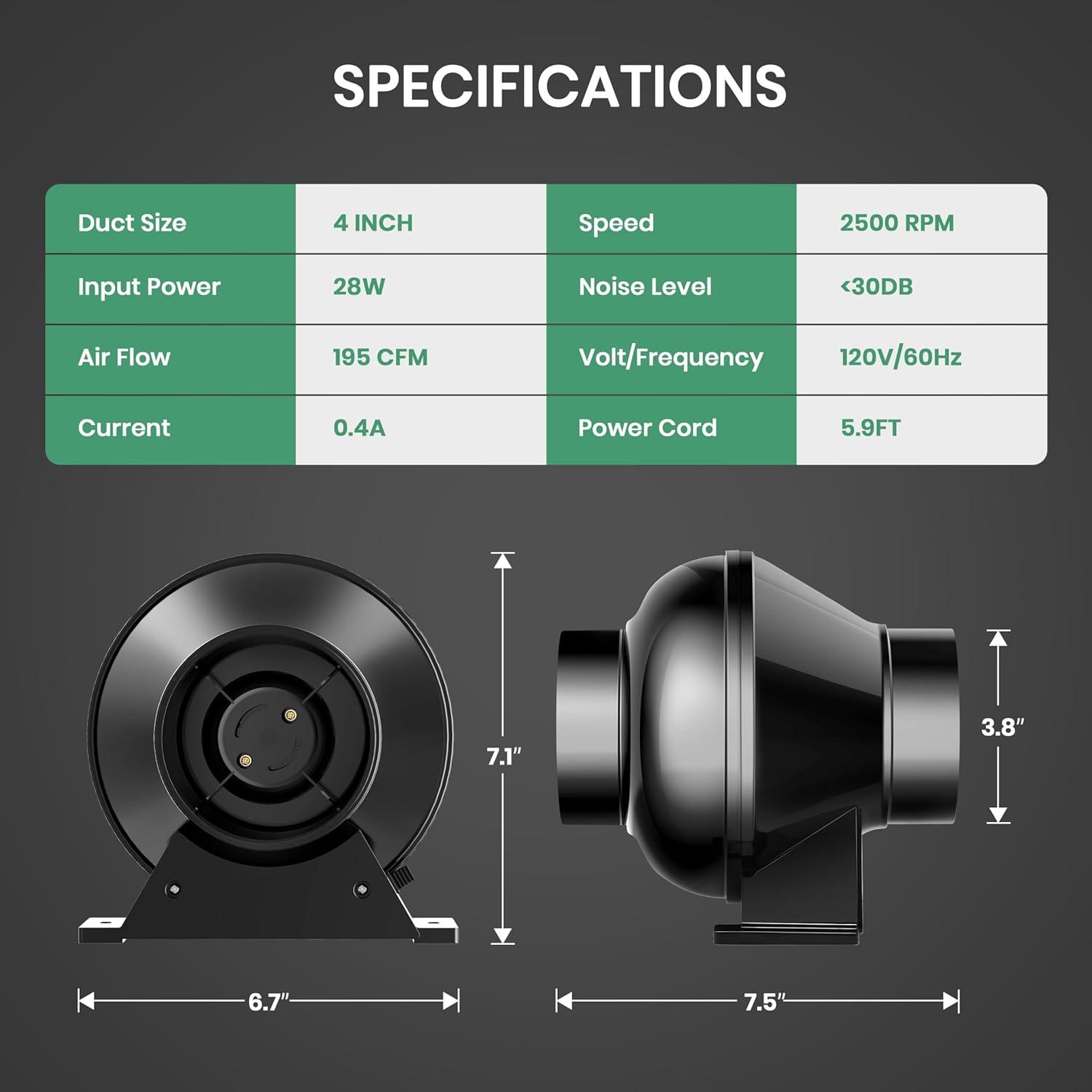 imageHealSmart 4 Inch Inline Duct Fan 195 CFM Ventilation Fan Exhaust HVAC Vent Blower for Hydroponics Grow Tents Basements Attics 2 Packs Black2 Pack
