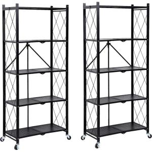 imageHealSmart Heavy Duty 4Tier Foldable Metal Rack 1496quot D x 2795quot W x 4961quot H Storage Shelving Unit 1000 lbs with Wheels Moving Easily Organizer Shelves Great for Garage Kitchen Black5Shelf