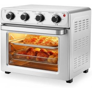 imageHealSmart 4in1 Air Fryer Toaster Oven Combo 26QT Large Countertop Convection Oven with Bake Broil Roast amp Dehydrate Includes 12 Pizza Pan amp Fry Basket Stainless Steel EnergyEfficientSilver