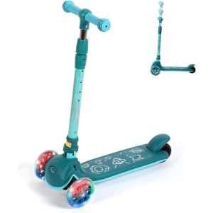 imageHealSmart Kick Scooter for Kids Wheel with Brake Adjustable Height Handlebar Foldable Lightweight Aged 310 Wide Standing Board and up to 110LBS Green