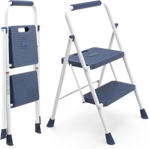 image2Step Folding Step Ladder 330 lbs HeavyDuty Metal Step Stool with AntiSlip Pedals amp Safety Handgrip Portable Small Ladder for Kitchen Garage Home amp Indoor Use  GreyBlue