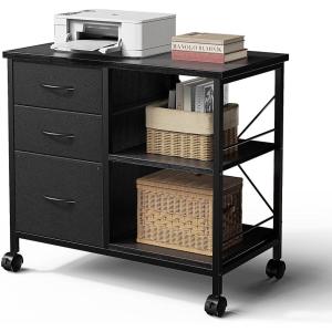 imageHealsmart Heavy Duty Mobile File Cabinet with 3 Fabric Drawers Rolling Printer Stand with Back Support amp Open Shelf Multifunctional Storage Organizer for Home Office WhiteBlack